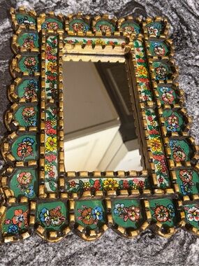 Hand-Painted Gold and Green Floral Wall Mirror - Decorative Home Accent